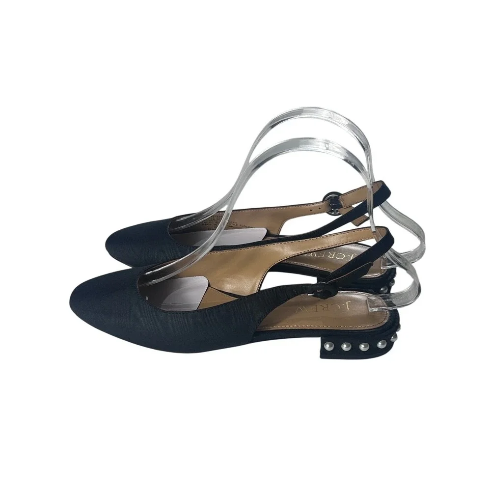 J.Crew Pearl-Heel Slingback Flats Black Textile BU506 Womens‎ Size 5 NEW